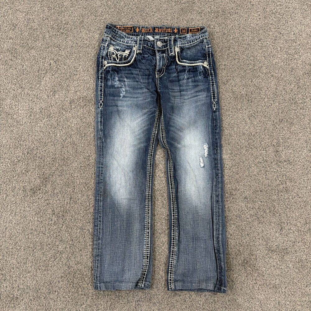 VTG Rock Revival Bobber Straight Jeans Mens 30 32x28 Actual Heavy Stitch Denim